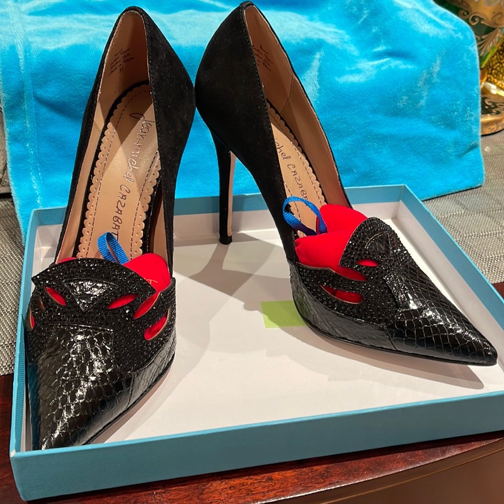 Jean-Michel Cazabat Black snake embossed leather high heels shoes. 4in heels.